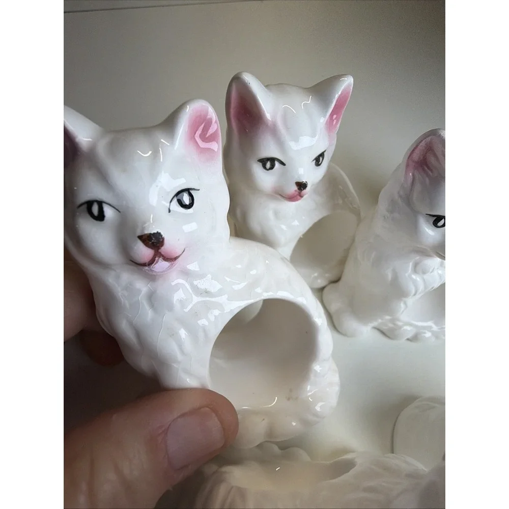 Abbott Kitten/Cat/Kitty Napkin Rings Set Of 7 Vintage 80's Porcelain, Ceramic